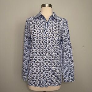 Talbots Button Up Blouse Size Small
White Blue Print Top Short